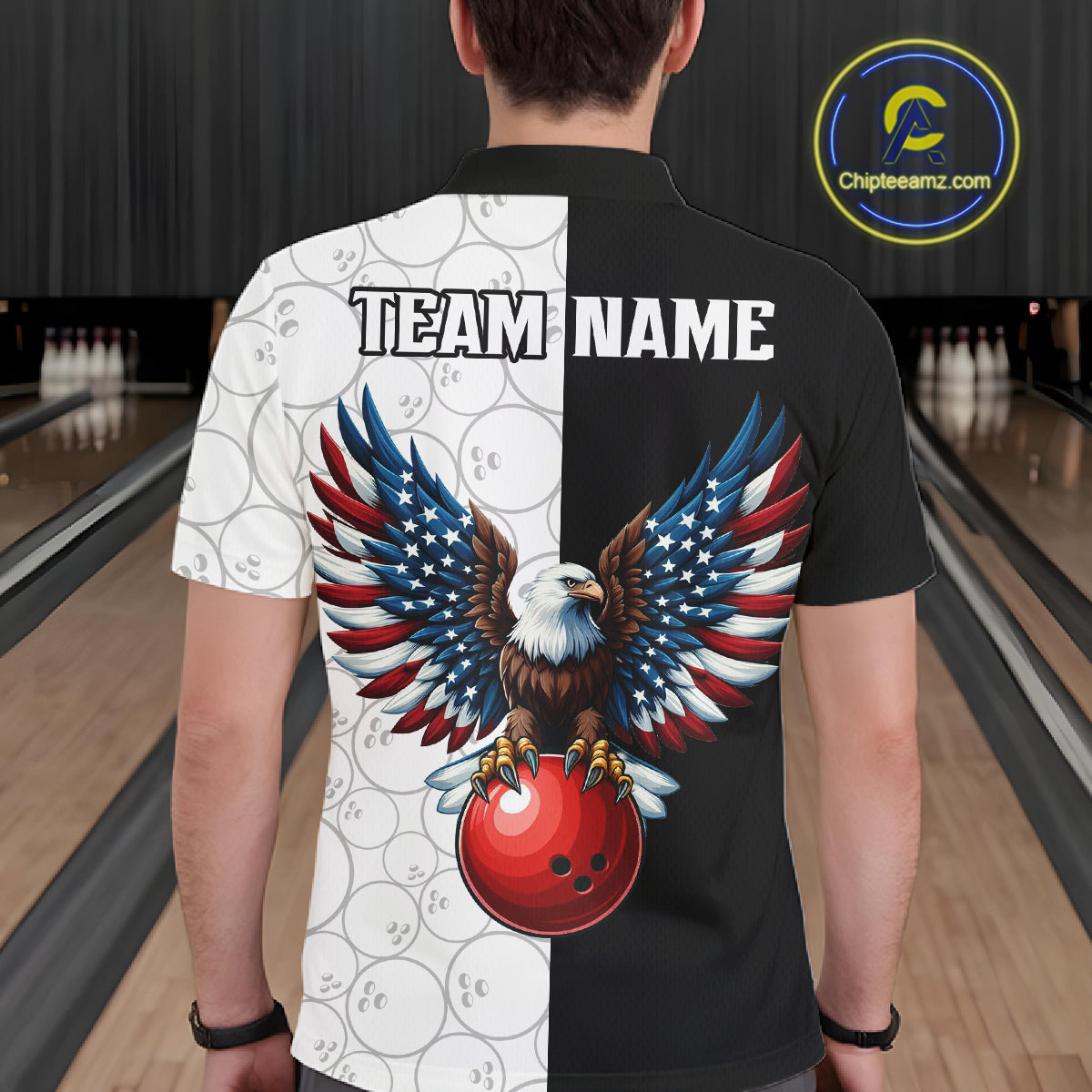 Custom Black White Bowling Shirt for Men American Flag Eagle Bowling Team Jersey QZT1255