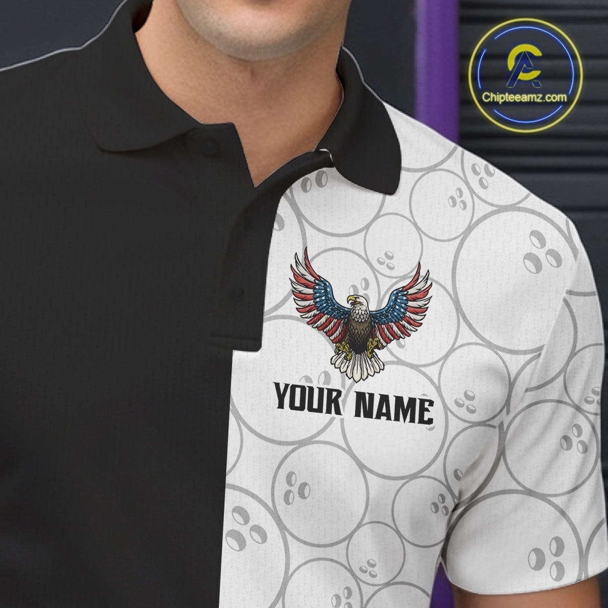 Custom Black White Bowling Shirt for Men American Flag Eagle Bowling Team Jersey QZT1255
