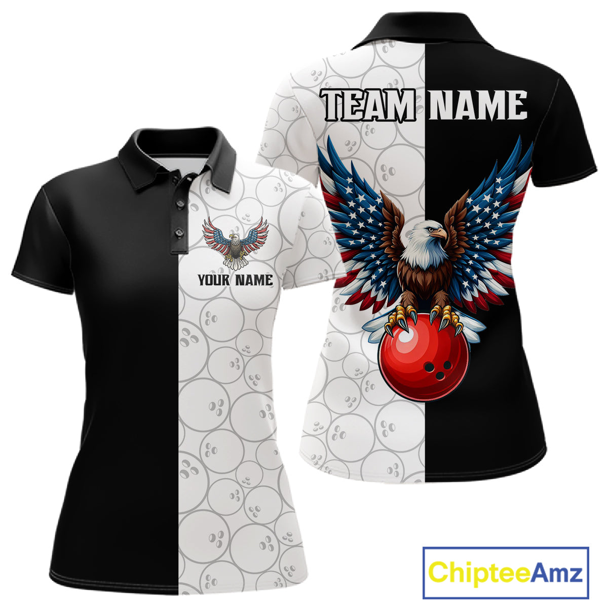 Custom Black White Bowling Shirt for Women American Flag Eagle Bowling Team Jersey QZT1255