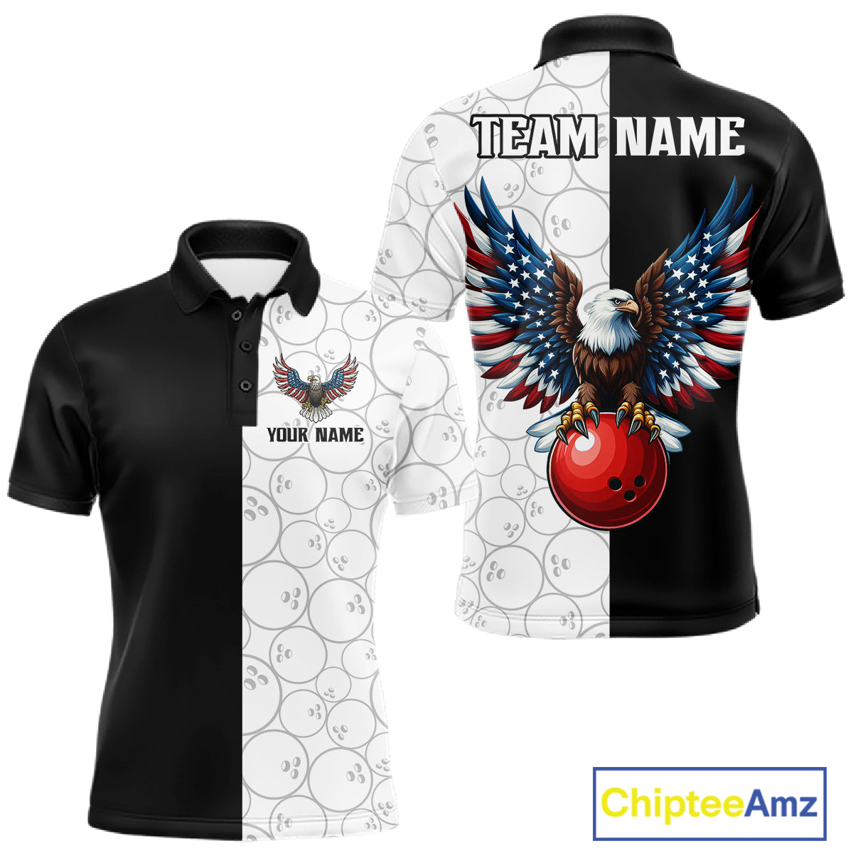 Custom Black White Bowling Shirt for Men American Flag Eagle Bowling Team Jersey QZT1255