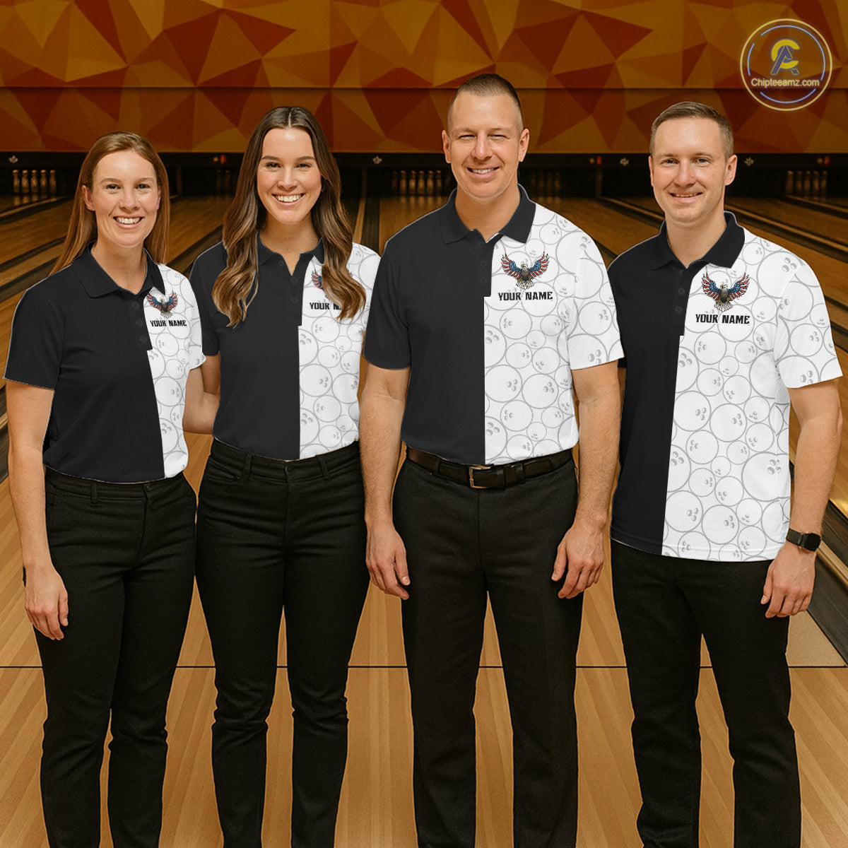 Custom Black White Bowling Shirt for Men American Flag Eagle Bowling Team Jersey QZT1255
