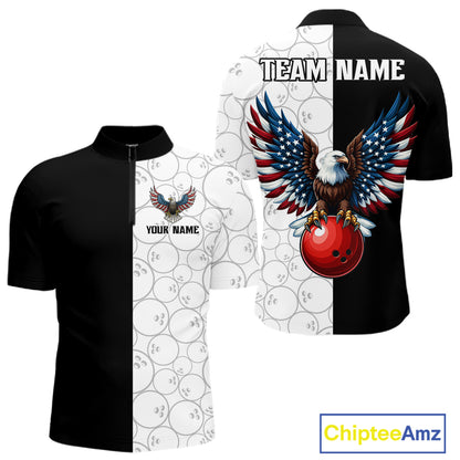 Custom Black White Bowling Shirt for Men American Flag Eagle Bowling Team Jersey QZT1255