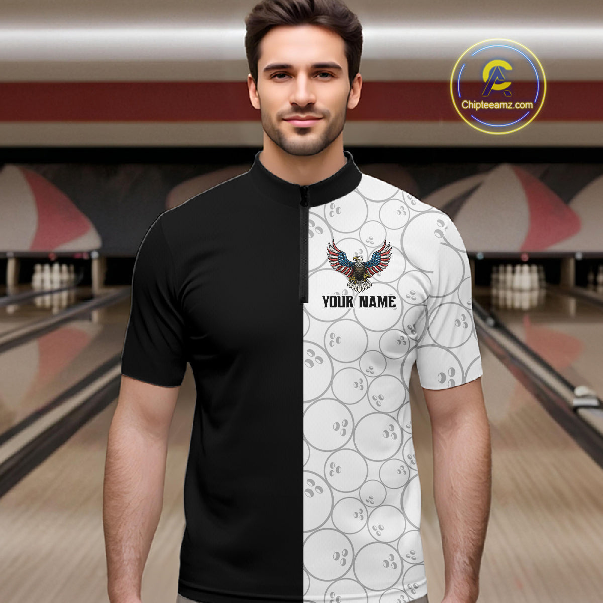 Custom Black White Bowling Shirt for Men American Flag Eagle Bowling Team Jersey QZT1255