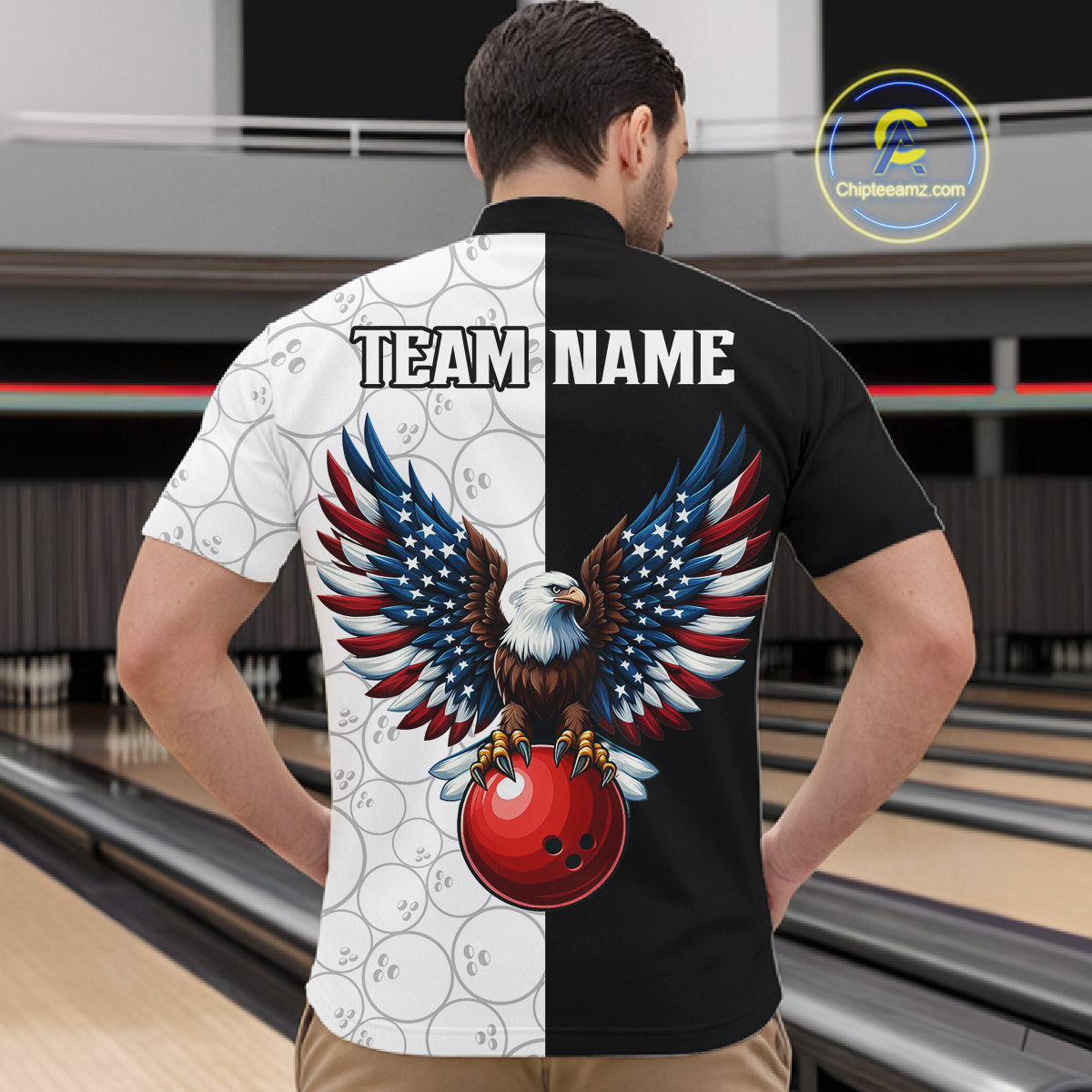 Custom Black White Bowling Shirt for Men American Flag Eagle Bowling Team Jersey QZT1255