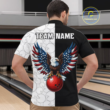 Custom Black White Bowling Shirt for Men American Flag Eagle Bowling Team Jersey QZT1255