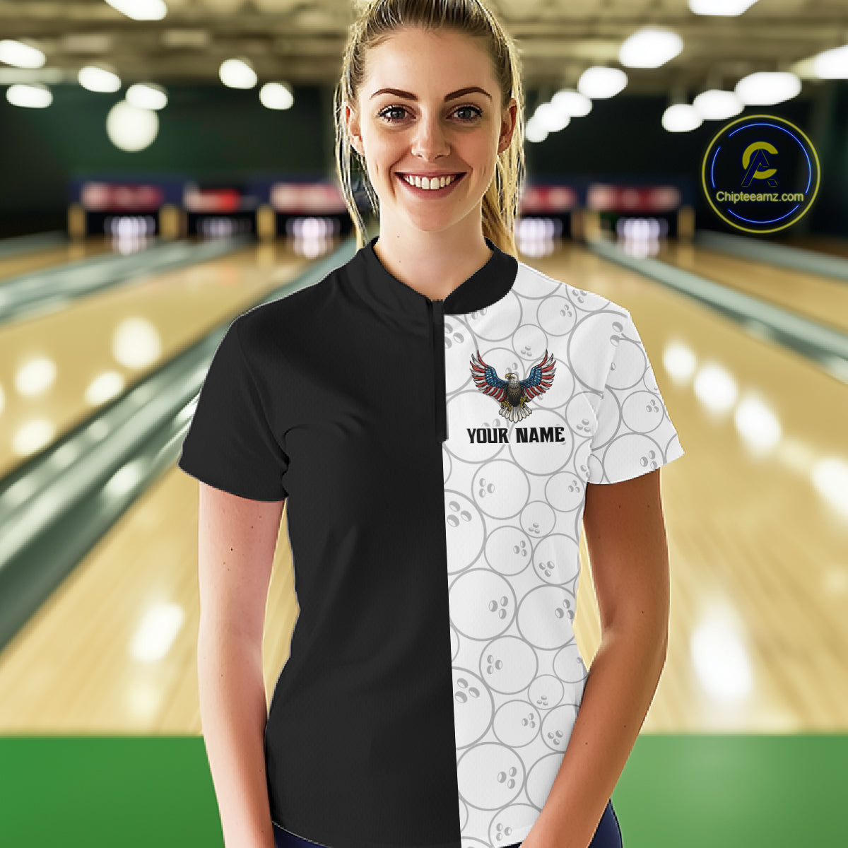 Custom Black White Bowling Shirt for Women American Flag Eagle Bowling Team Jersey QZT1255