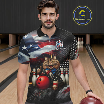 American Flag Funny Cat Bowling Shirt for Men Custom Bowling League Jersey Polo & 1/4 Zip Shirt QZT807
