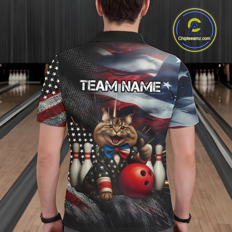 American Flag Funny Cat Bowling Shirt for Men Custom Bowling League Jersey Polo & 1/4 Zip Shirt QZT807