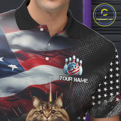 American Flag Funny Cat Bowling Shirt for Men Custom Bowling League Jersey Polo & 1/4 Zip Shirt QZT807