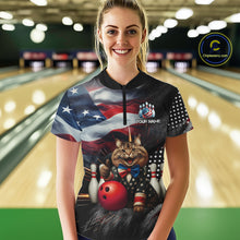 Load image into Gallery viewer, American Flag Funny Cat Bowling Shirt for Women Custom Bowling League Jersey Polo &amp; 1/4 Zip Shirt QZT807