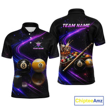 Load image into Gallery viewer, Black short-sleeve polo shirt shown from front and back with a space-themed purple and blue graphic print, pool balls, a cue stick, and customizable text areas including 'TEAM NAME' and 'YOUR NAME'.