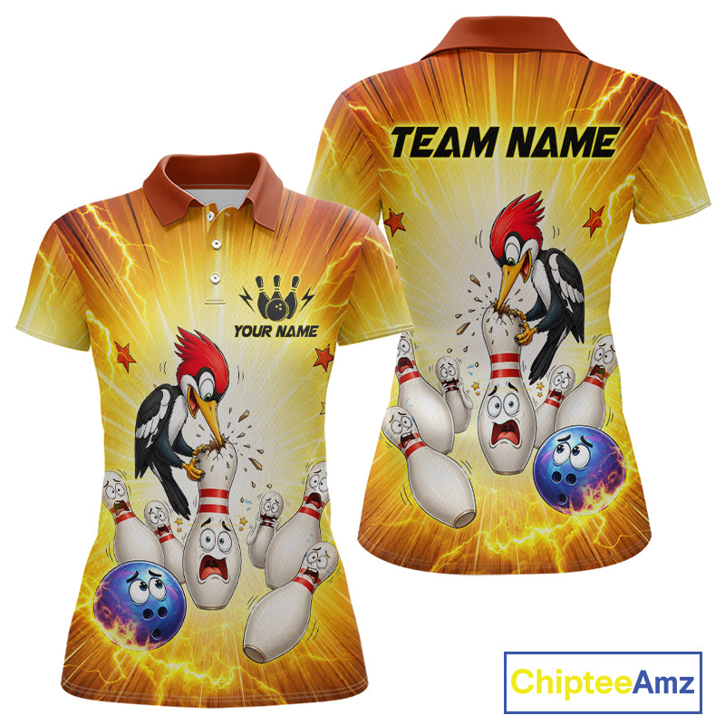 Bowling-themed polo shirt with cartoon woodpecker and bowling pins, customizable text, and Chiptee Amz branding.