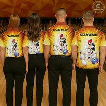 Load image into Gallery viewer, Four people wearing matching bowling shirts with a cartoon character design on a bowling alley background.