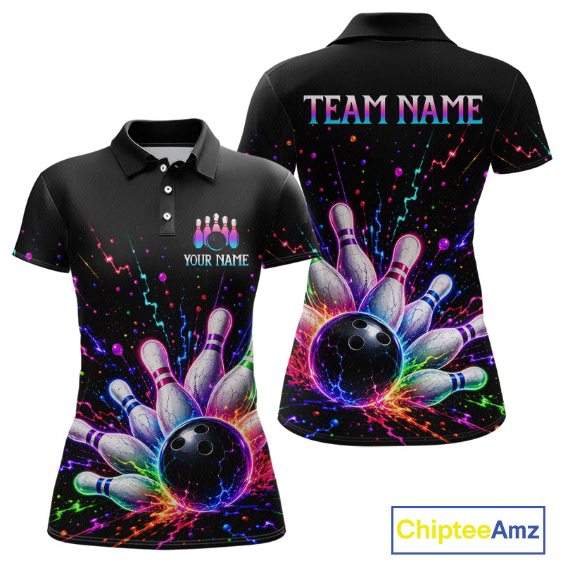 Black polo shirt with colorful bowling design on front and back, customizable text, and Chiptee Amz branding.
