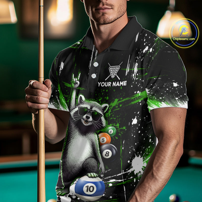 Custom Green Funny Raccoon Billiard Shirt for Men 10 Ball Pool Billiard Jersey Polo & 1/4-Zip BHT152
