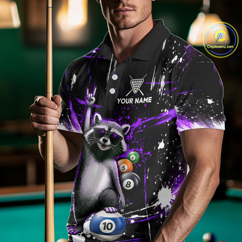 Custom Purple Funny Raccoon Billiard Shirt for Men 10 Ball Pool Billiard Jersey Polo & 1/4-Zip BHT152