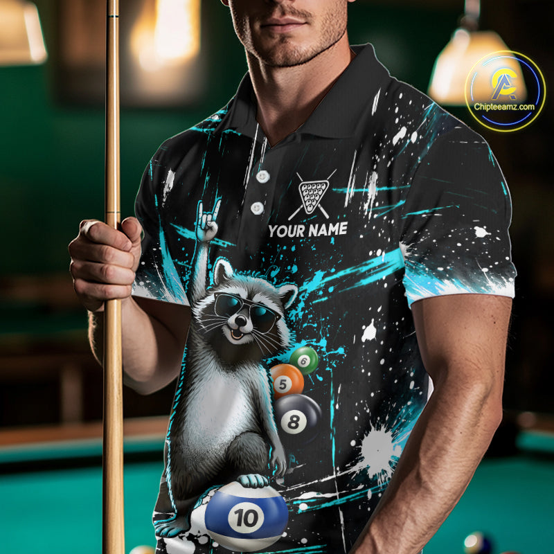 Custom Turquoise Funny Raccoon Billiard Shirt for Men 10 Ball Pool Billiard Jersey Polo & 1/4-Zip BHT152