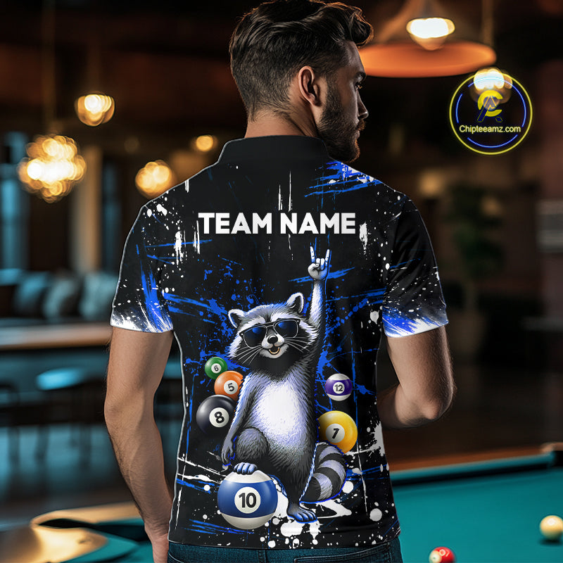 Custom Blue Funny Raccoon Billiard Shirt for Men 10 Ball Pool Billiard Jersey Polo & 1/4-Zip BHT152