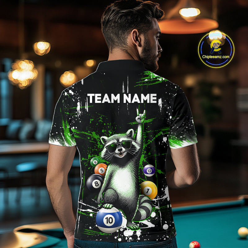 Custom Green Funny Raccoon Billiard Shirt for Men 10 Ball Pool Billiard Jersey Polo & 1/4-Zip BHT152