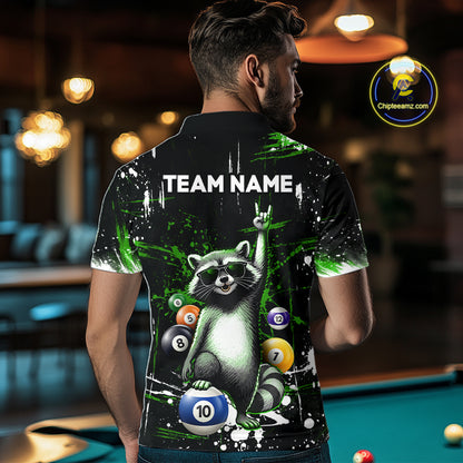 Custom Green Funny Raccoon Billiard Shirt for Men 10 Ball Pool Billiard Jersey Polo & 1/4-Zip BHT152
