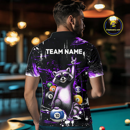 Custom Purple Funny Raccoon Billiard Shirt for Men 10 Ball Pool Billiard Jersey Polo & 1/4-Zip BHT152