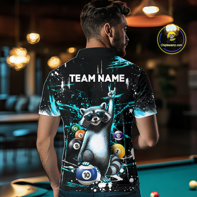 Custom Turquoise Funny Raccoon Billiard Shirt for Men 10 Ball Pool Billiard Jersey Polo & 1/4-Zip BHT152