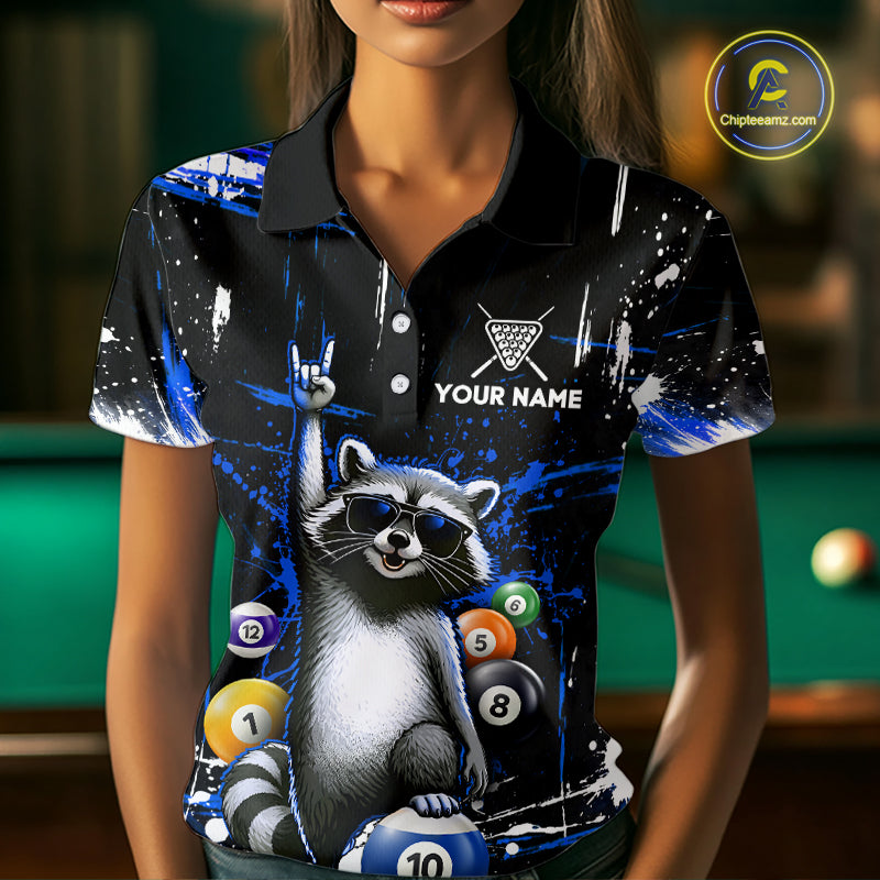 Custom Blue Funny Raccoon Billiard Shirt for Women 10 Ball Pool Billiard Jersey Polo & 1/4-Zip BHT152