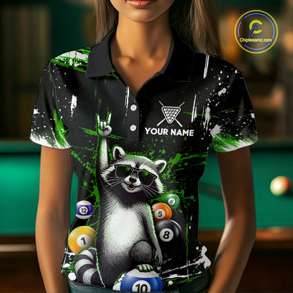 Custom Green Funny Raccoon Billiard Shirt for Women 10 Ball Pool Billiard Jersey Polo & 1/4-Zip BHT152