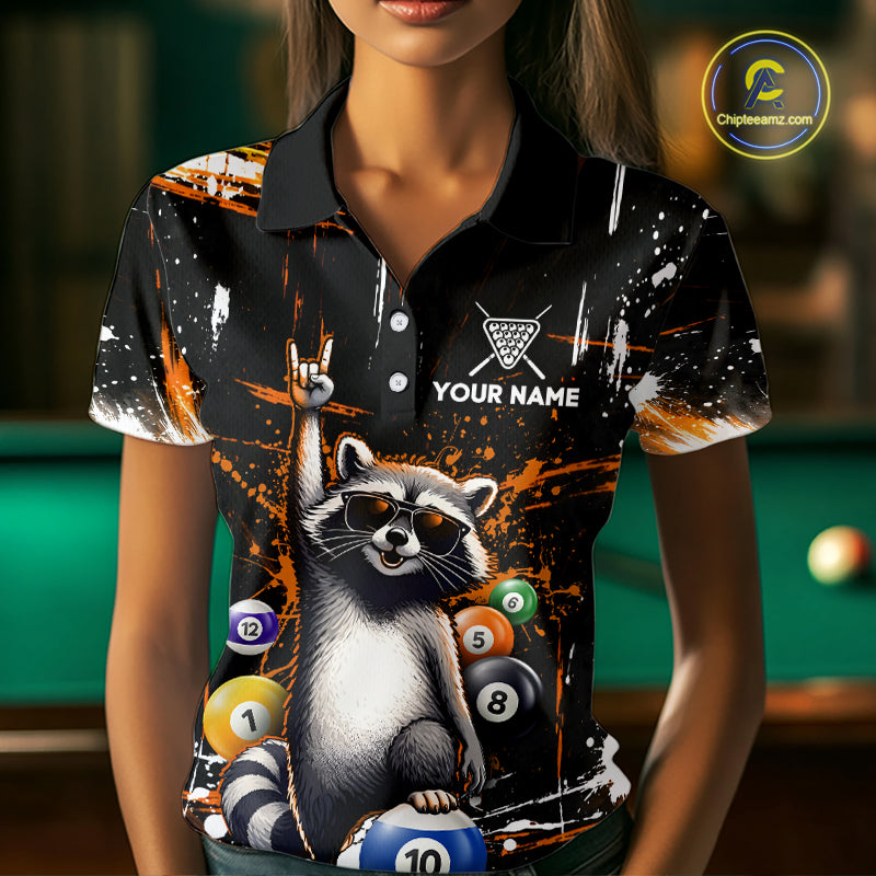 Custom Orange Funny Raccoon Billiard Shirt for Women 10 Ball Pool Billiard Jersey Polo & 1/4-Zip BHT152