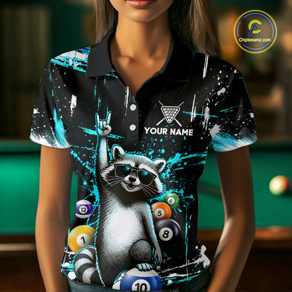 Custom Turquoise Funny Raccoon Billiard Shirt for Women 10 Ball Pool Billiard Jersey Polo & 1/4-Zip BHT152