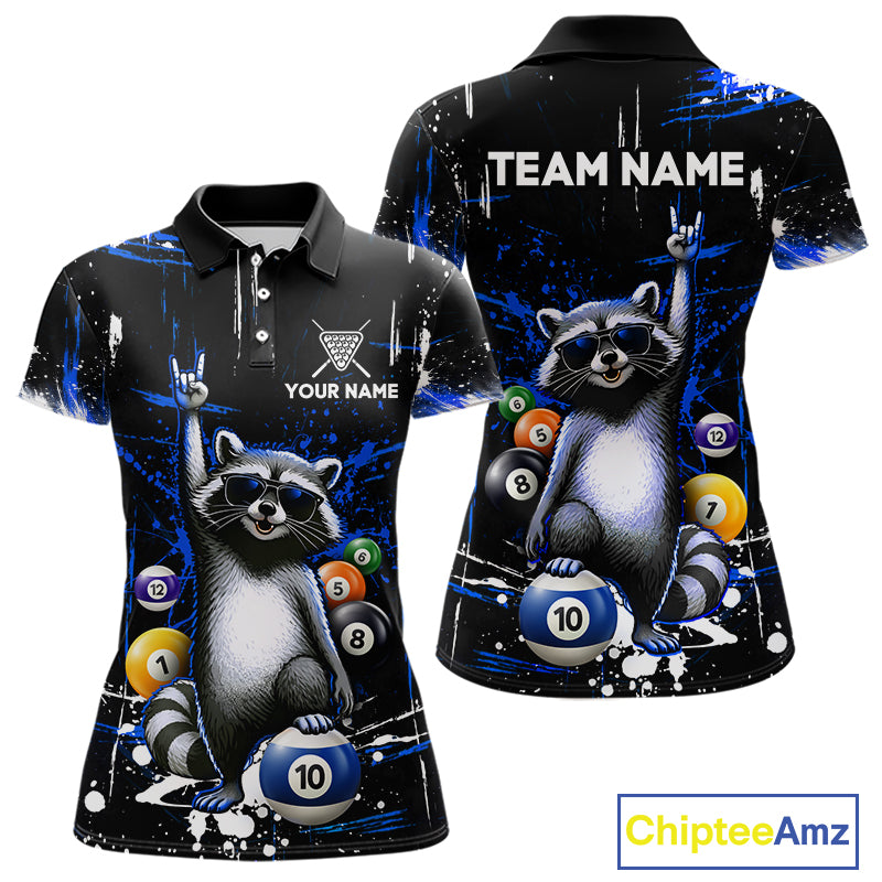 Custom Blue Funny Raccoon Billiard Shirt for Women 10 Ball Pool Billiard Jersey Polo & 1/4-Zip BHT152