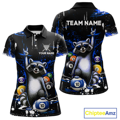 Custom Blue Funny Raccoon Billiard Shirt for Women 10 Ball Pool Billiard Jersey Polo & 1/4-Zip BHT152