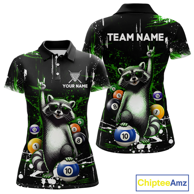 Custom Green Funny Raccoon Billiard Shirt for Women 10 Ball Pool Billiard Jersey Polo & 1/4-Zip BHT152