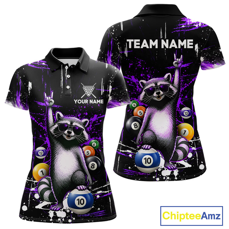Custom Purple Funny Raccoon Billiard Shirt for Women 10 Ball Pool Billiard Jersey Polo & 1/4-Zip BHT152