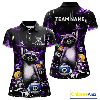 Custom Purple Funny Raccoon Billiard Shirt for Women 10 Ball Pool Billiard Jersey Polo & 1/4-Zip BHT152
