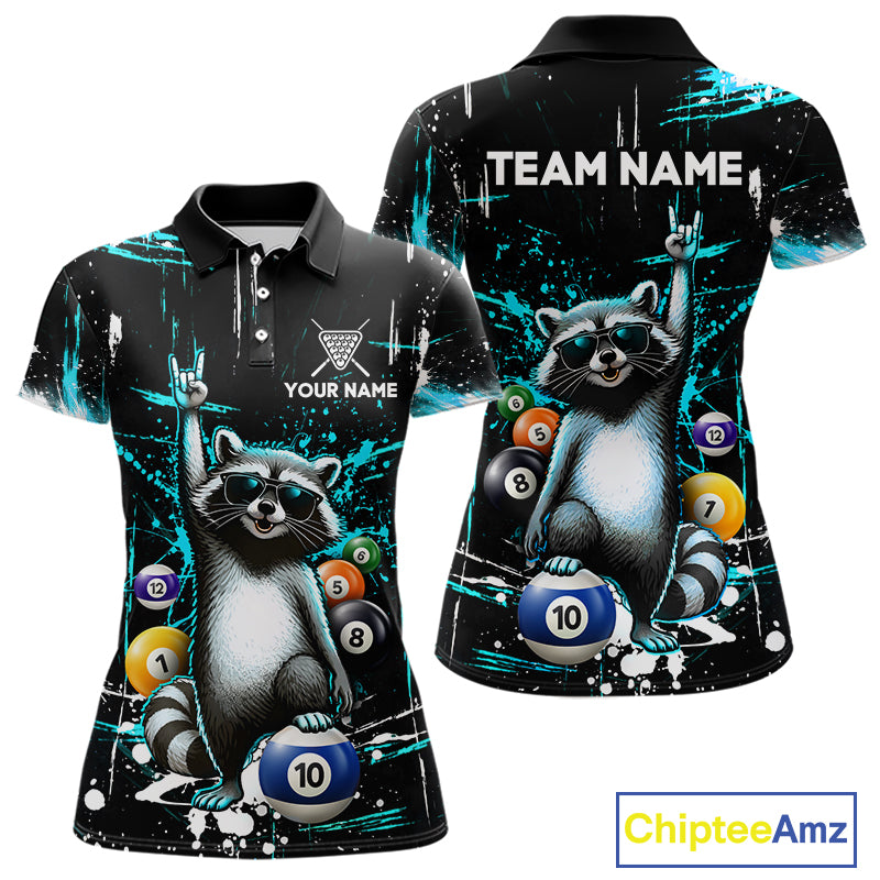 Custom Turquoise Funny Raccoon Billiard Shirt for Women 10 Ball Pool Billiard Jersey Polo & 1/4-Zip BHT152