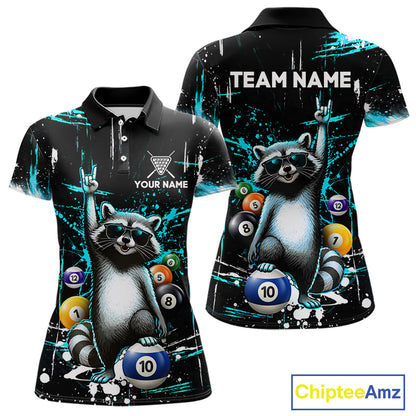 Custom Turquoise Funny Raccoon Billiard Shirt for Women 10 Ball Pool Billiard Jersey Polo & 1/4-Zip BHT152