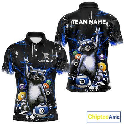 Custom Blue Funny Raccoon Billiard Shirt for Men 10 Ball Pool Billiard Jersey Polo & 1/4-Zip BHT152
