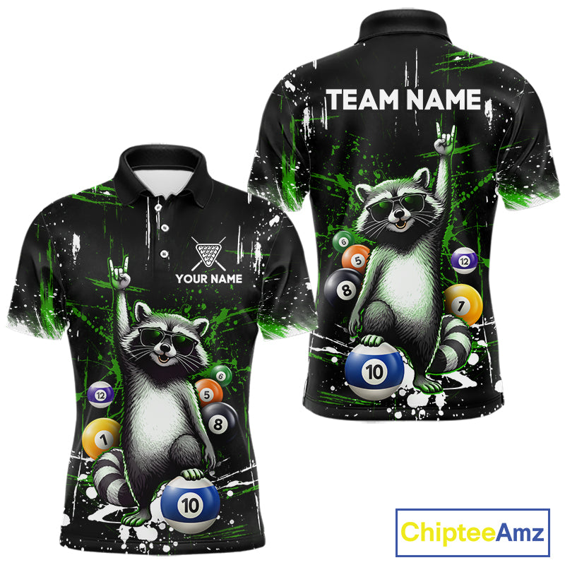 Custom Green Funny Raccoon Billiard Shirt for Men 10 Ball Pool Billiard Jersey Polo & 1/4-Zip BHT152