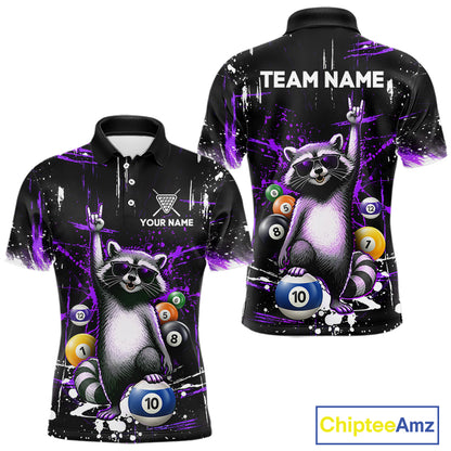 Custom Purple Funny Raccoon Billiard Shirt for Men 10 Ball Pool Billiard Jersey Polo & 1/4-Zip BHT152