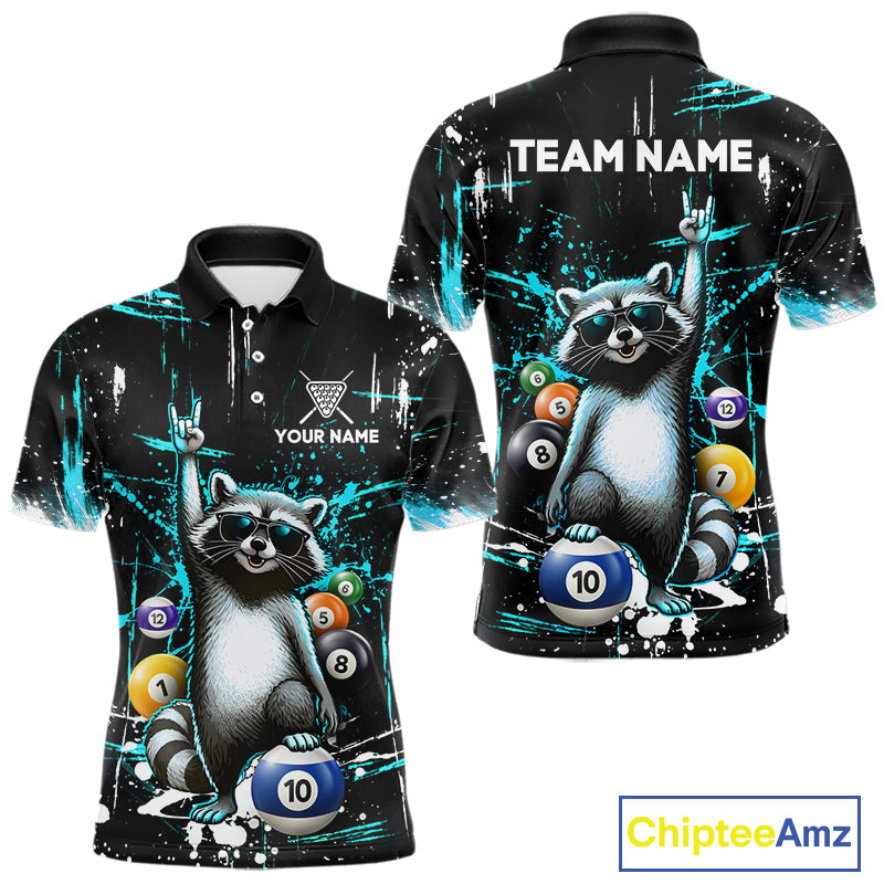 Custom Turquoise Funny Raccoon Billiard Shirt for Men 10 Ball Pool Billiard Jersey Polo & 1/4-Zip BHT152