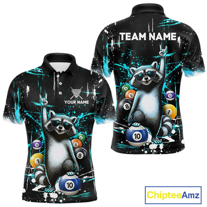 Custom Turquoise Funny Raccoon Billiard Shirt for Men 10 Ball Pool Billiard Jersey Polo & 1/4-Zip BHT152