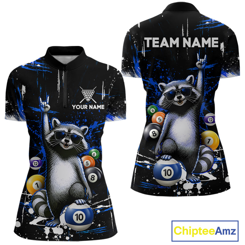 Custom Blue Funny Raccoon Billiard Shirt for Women 10 Ball Pool Billiard Jersey Polo & 1/4-Zip BHT152