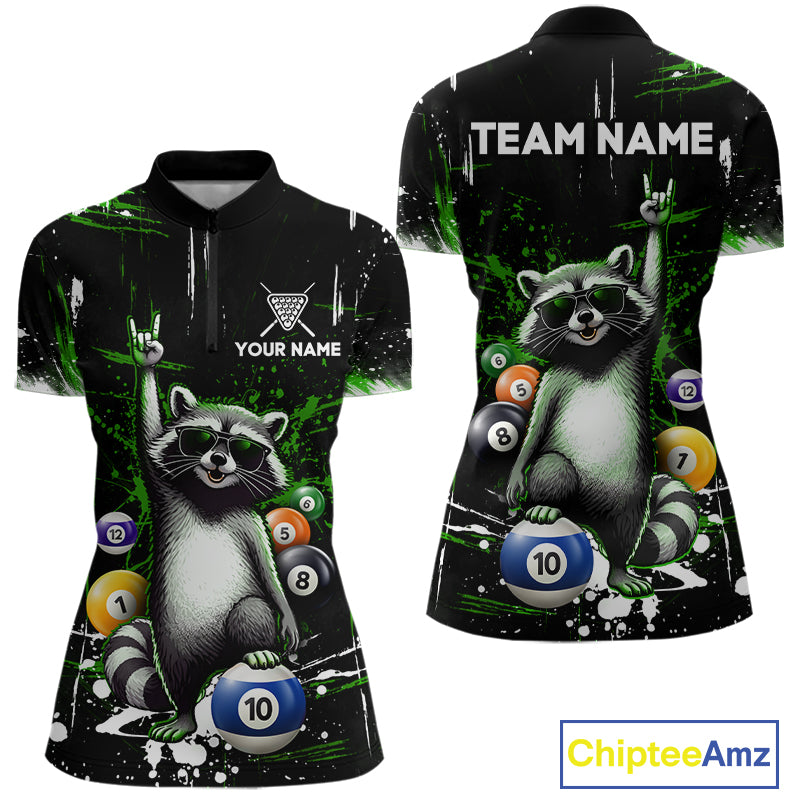 Custom Green Funny Raccoon Billiard Shirt for Women 10 Ball Pool Billiard Jersey Polo & 1/4-Zip BHT152