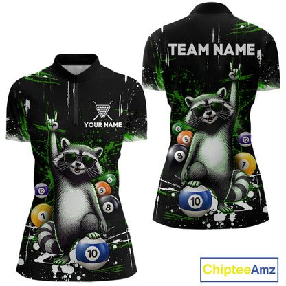 Custom Green Funny Raccoon Billiard Shirt for Women 10 Ball Pool Billiard Jersey Polo & 1/4-Zip BHT152