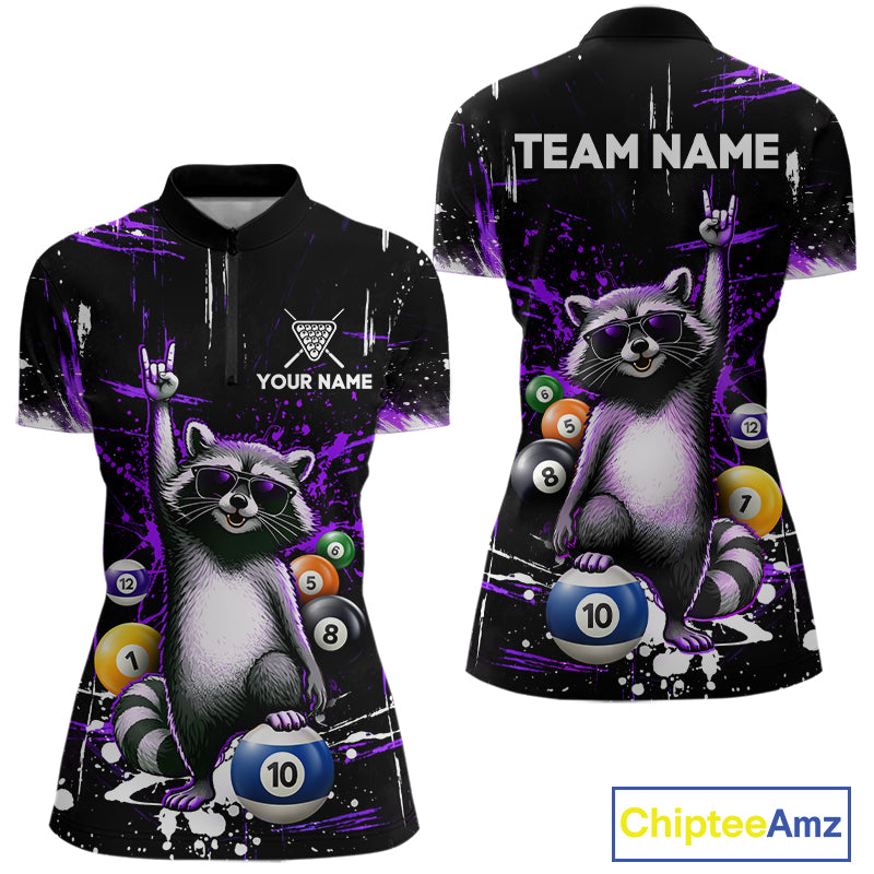 Custom Purple Funny Raccoon Billiard Shirt for Women 10 Ball Pool Billiard Jersey Polo & 1/4-Zip BHT152