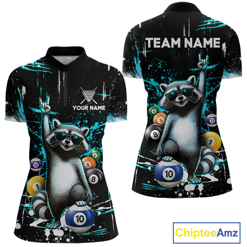 Custom Turquoise Funny Raccoon Billiard Shirt for Women 10 Ball Pool Billiard Jersey Polo & 1/4-Zip BHT152