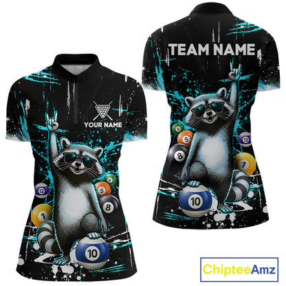 Custom Turquoise Funny Raccoon Billiard Shirt for Women 10 Ball Pool Billiard Jersey Polo & 1/4-Zip BHT152