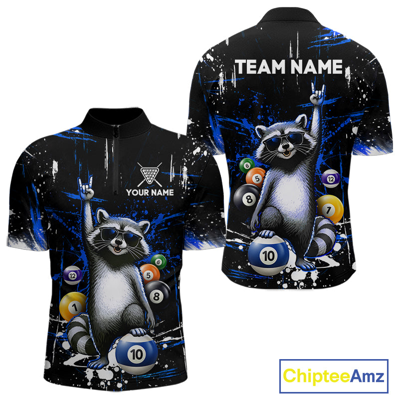 Custom Blue Funny Raccoon Billiard Shirt for Men 10 Ball Pool Billiard Jersey Polo & 1/4-Zip BHT152