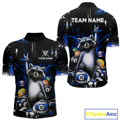 Custom Blue Funny Raccoon Billiard Shirt for Men 10 Ball Pool Billiard Jersey Polo & 1/4-Zip BHT152